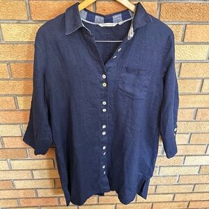 Soft Surroundings 100% Linen Button Up Tunic Blouse Navy Blue Size Medium